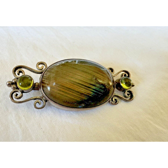 SAJEN Sterling Silver Brooch Pin Pendant Labradorite Green Moonstone Cabochon - Picture 1 of 7